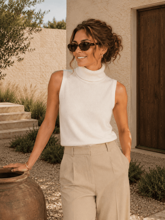 Suéter Feminino de Lã Merino Gola Alta Sem Manga