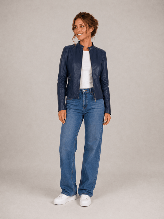 Jaqueta Feminina de Couro Sintético Azul Colin