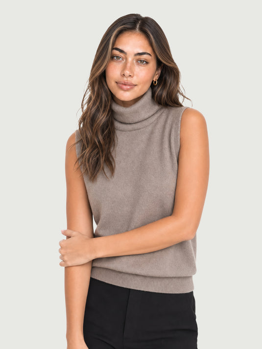 Suéter Feminino de Lã Merino Gola Alta Sem Manga
