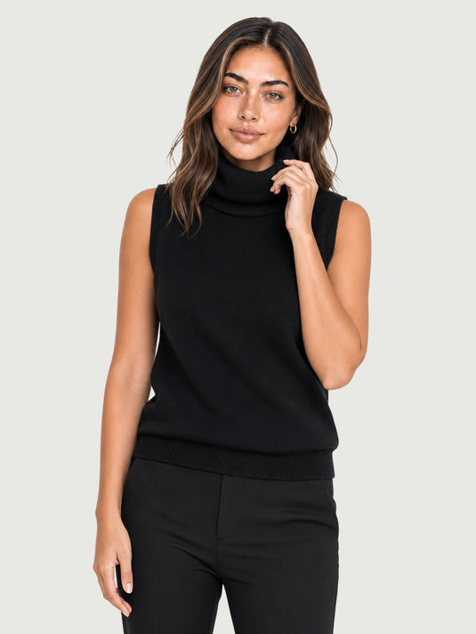 Suéter Feminino de Lã Merino Gola Alta Sem Manga