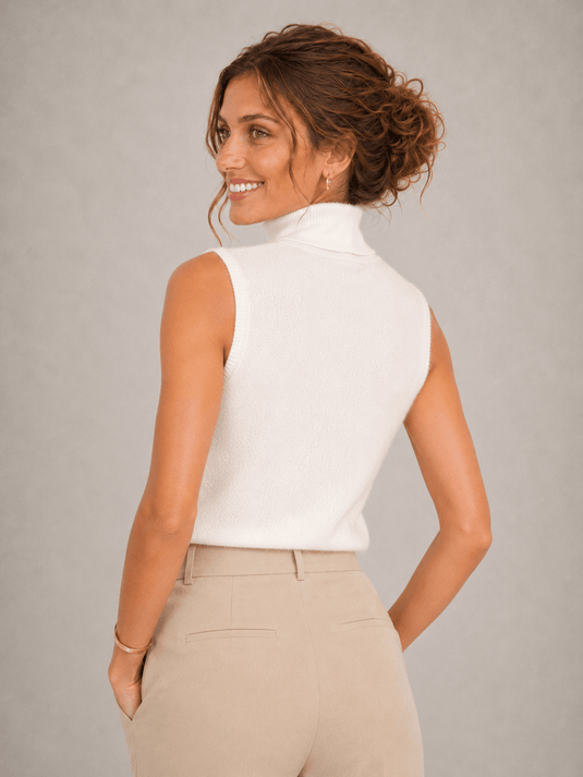 Suéter Feminino de Lã Merino Gola Alta Sem Manga