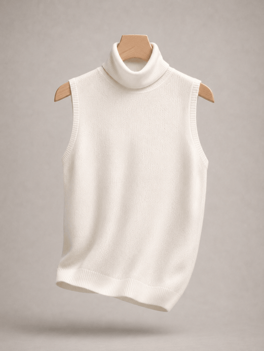 Suéter Feminino de Lã Merino Gola Alta Sem Manga