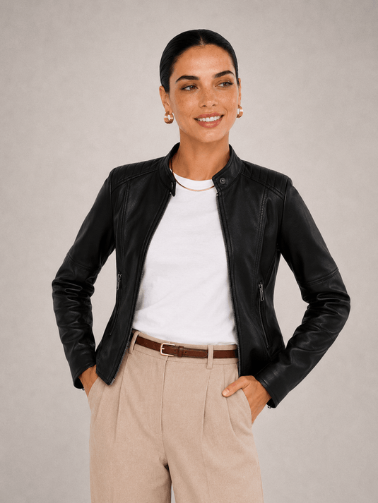 Jaqueta Feminina de Couro Sintético Preta Colin