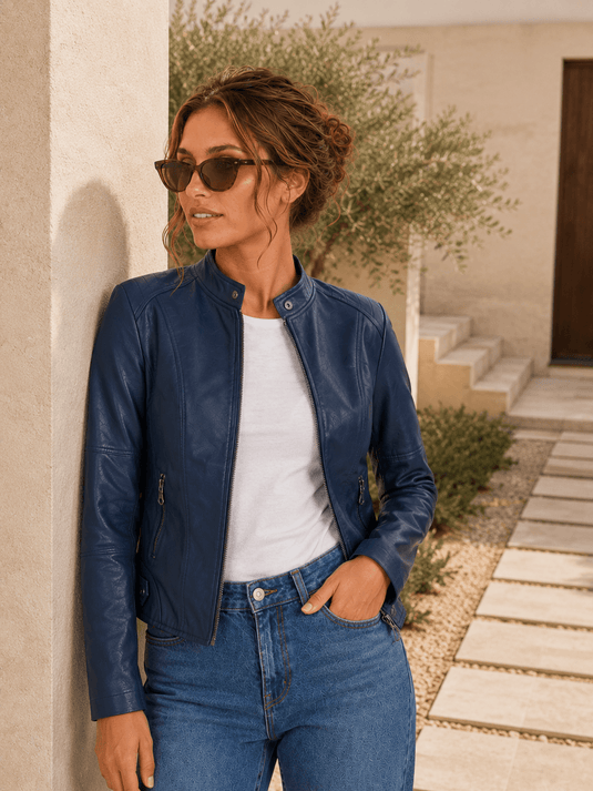 Jaqueta Feminina de Couro Sintético Azul Colin