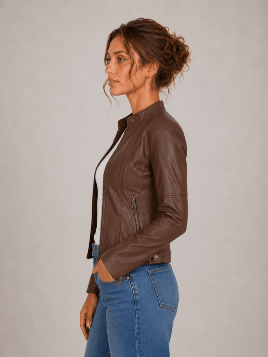 Jaqueta Feminina de Couro Sintético Marrom Colin