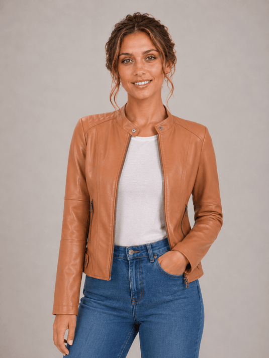 Jaqueta Feminina de Couro Sintético Caramelo Colin