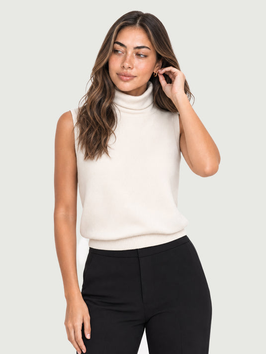 Suéter Feminino de Lã Merino Gola Alta Sem Manga