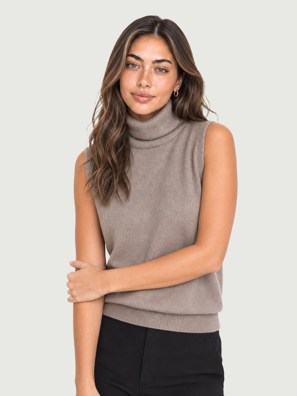 Suéter Feminino de Lã Merino Gola Alta Sem Manga