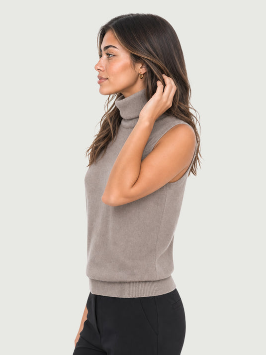 Suéter Feminino de Lã Merino Gola Alta Sem Manga