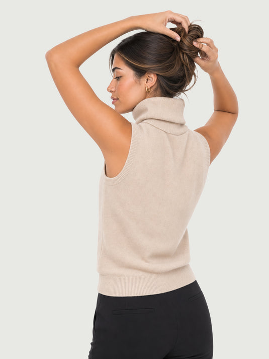 Suéter Feminino de Lã Merino Gola Alta Sem Manga