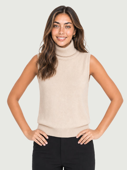 Suéter Feminino de Lã Merino Gola Alta Sem Manga